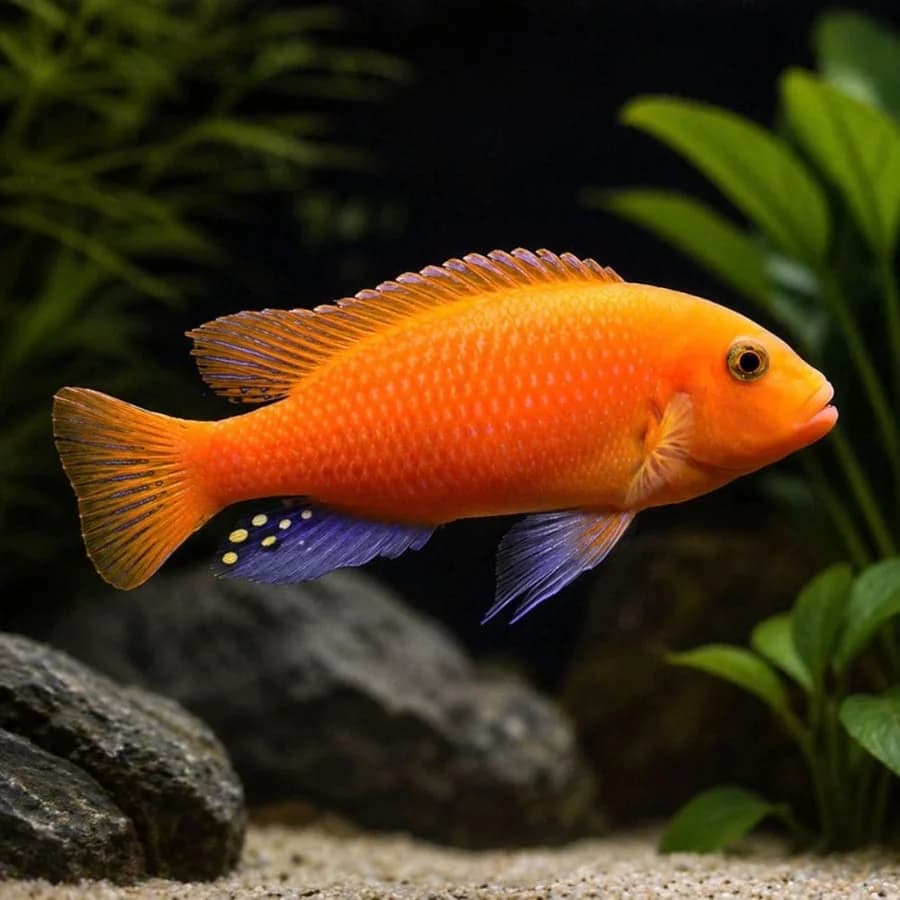 Red Zebra Cichlid, a territorial 5 inch aquarium species for 55+ gallon tanks